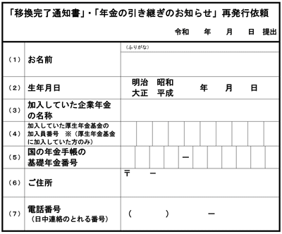 画像：「移換完了通知書」・「年金の引き継ぎのお知らせ」再発行依頼